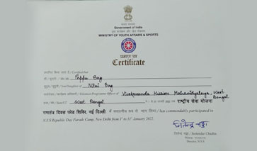 Pappu Bag, our student received Certificate from Ministry of Youth Affairs & Sports, Govt. of India